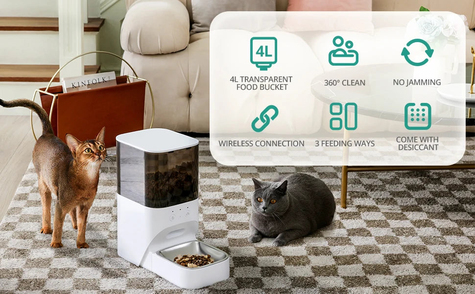 Timed Automatic Cat Feeder APP Control Dog Food Dispenser Stainless Steel Lock Lid 30S Voice Recorder 4L Programmable Pet Feeder