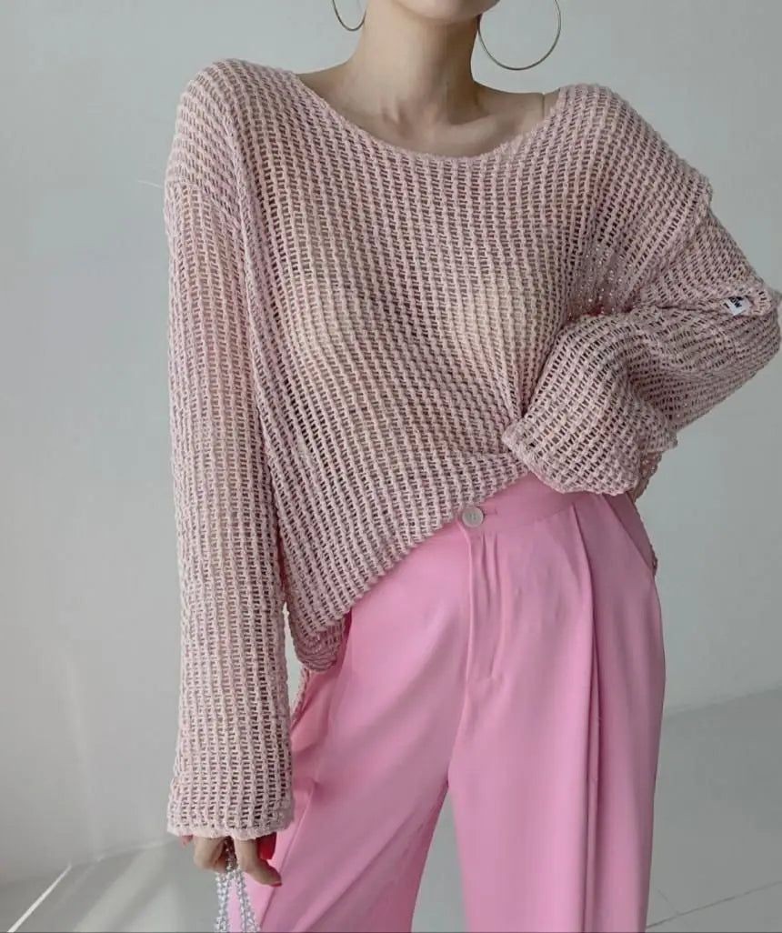 Hollow Out Pullovers Women Baggy O-neck Clothing Spring Casual Simple Elegant Vintage See-through Streetwear Lady Ulzzang Tender
