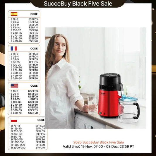 SucceBuy Water Distiller 4L 1.05 Gallon Pure Water Purifier Filter For Home Countertop750W Distilled Water Maker Stainless Steel