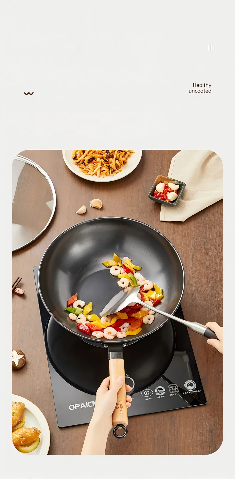 Cooker King Traditional Coating-Free Carbon Steel Wok, 30/32/34 cm Stir-Fry Pan for Gas & Induction Cooktops