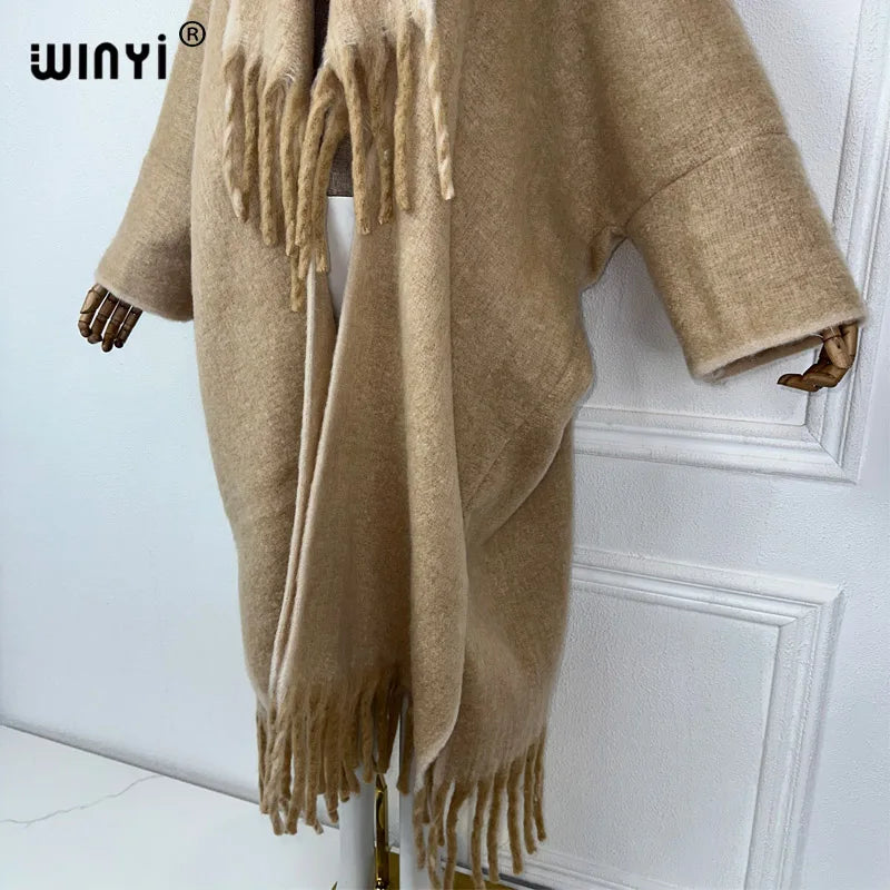 WINYI new Winter Women Solid color Luxury Fur Neutral coat Loose cardigan elegant Warm Female coat over poncho tassels jacket