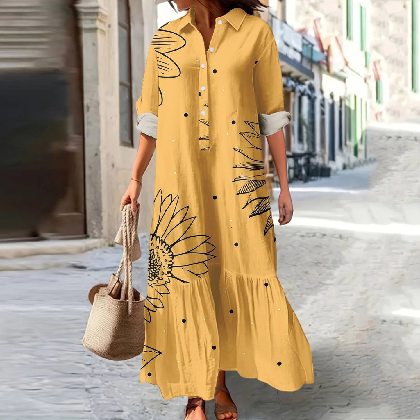 Ladies' Fashionable Temperament Autumn And Winter Button Lapel Long Sleeved Retro Printed Spring And Autumn Dress