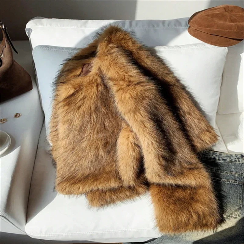 Fashion Faux Fur Coat For Women Warm Round Neck Long Sleeve Furry Short Coats 2025 Autumn Winter New Lady Streetwear Cardigans