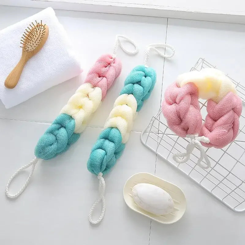 Exfoliating Bath Towel - Long Handle Back Scrubber for Deep Cleansing, Color Block Design Mesh Body Scrub
