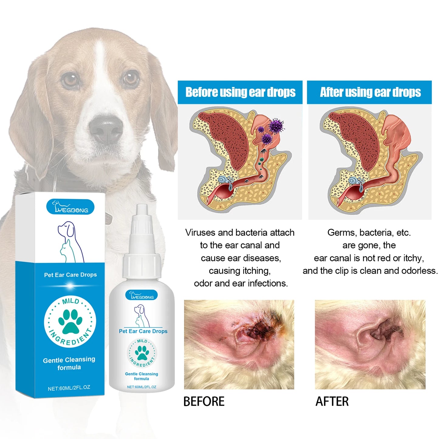 Pet Ear Care Drops for Dag Cat Gently Clean the Ears Remove Ear Mites Relieve Itching Reduce Odor Prevent Dryness Pet Ear Care