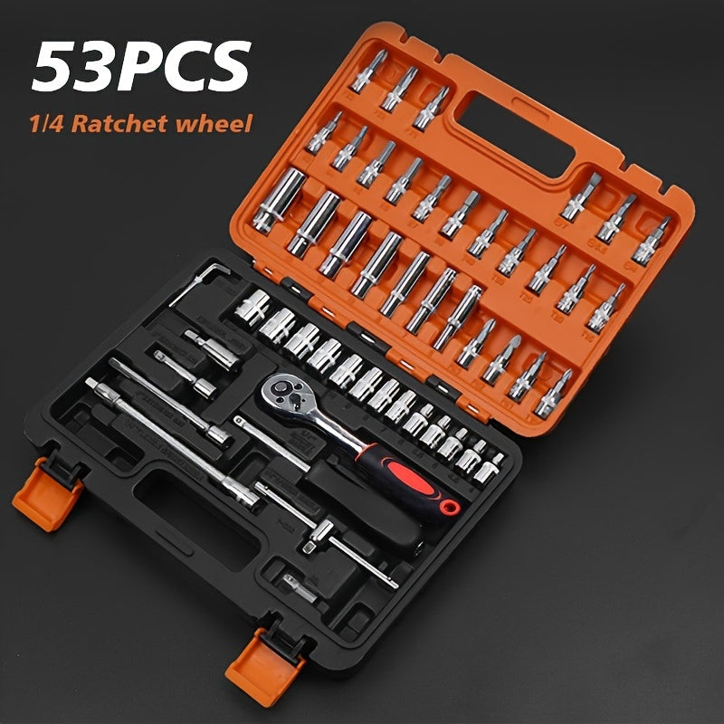 High-End Professional 53&121pcs Tool Set, Car/Bike Repair Machinery Tool Set, 1/2*1/4 "3/8" Drive Depth And Standard Socket, Professional Racing Car Parts Repair Ratchet Wrench And Other Car Repair Parts Tool Set