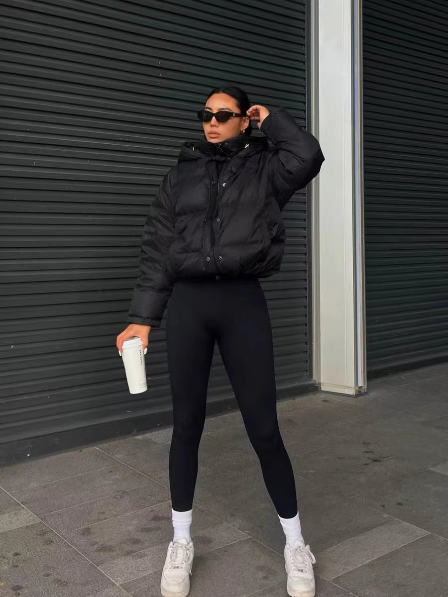 Women's Stylish Black Hooded Puffer Jacket - Casual Short Warm Outerwear with Drawstring Design, Long Sleeves, and Button-Up Front for Winter Comfort, Winter Jacket