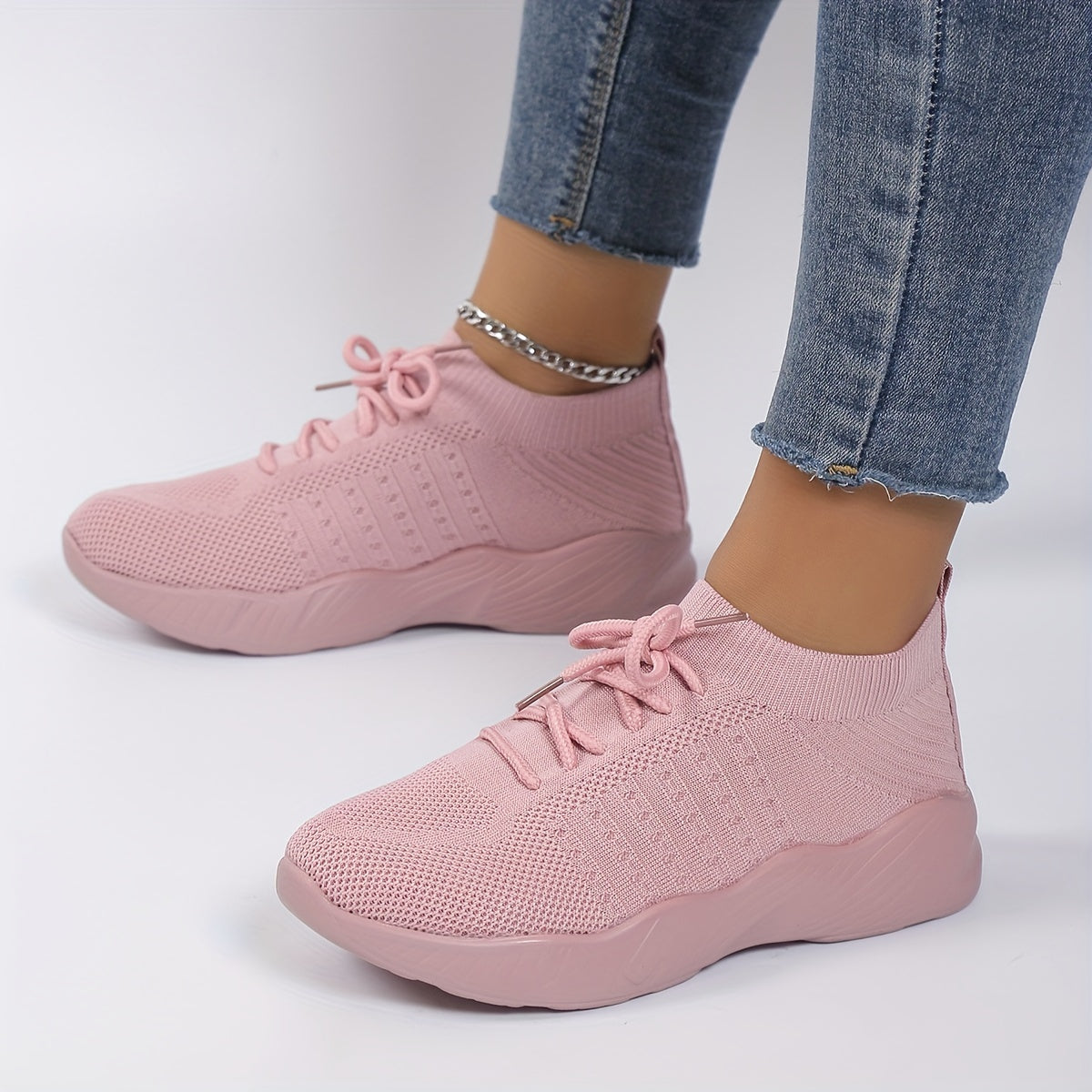 Lightweight & Breathable Women’s Sneakers - Comfortable Mesh Lace-Up Sneakers, Pink Textured Knit Upper, Cushioned Insole, Durable PU Sole, Casual & Sporty Design for All-Day Wear, Sporty Sneakers | Feminine Footwear | Mesh