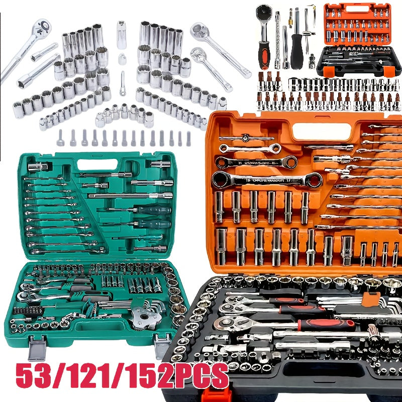 High-End Professional 53&121pcs Tool Set, Car/Bike Repair Machinery Tool Set, 1/2*1/4 "3/8" Drive Depth And Standard Socket, Professional Racing Car Parts Repair Ratchet Wrench And Other Car Repair Parts Tool Set