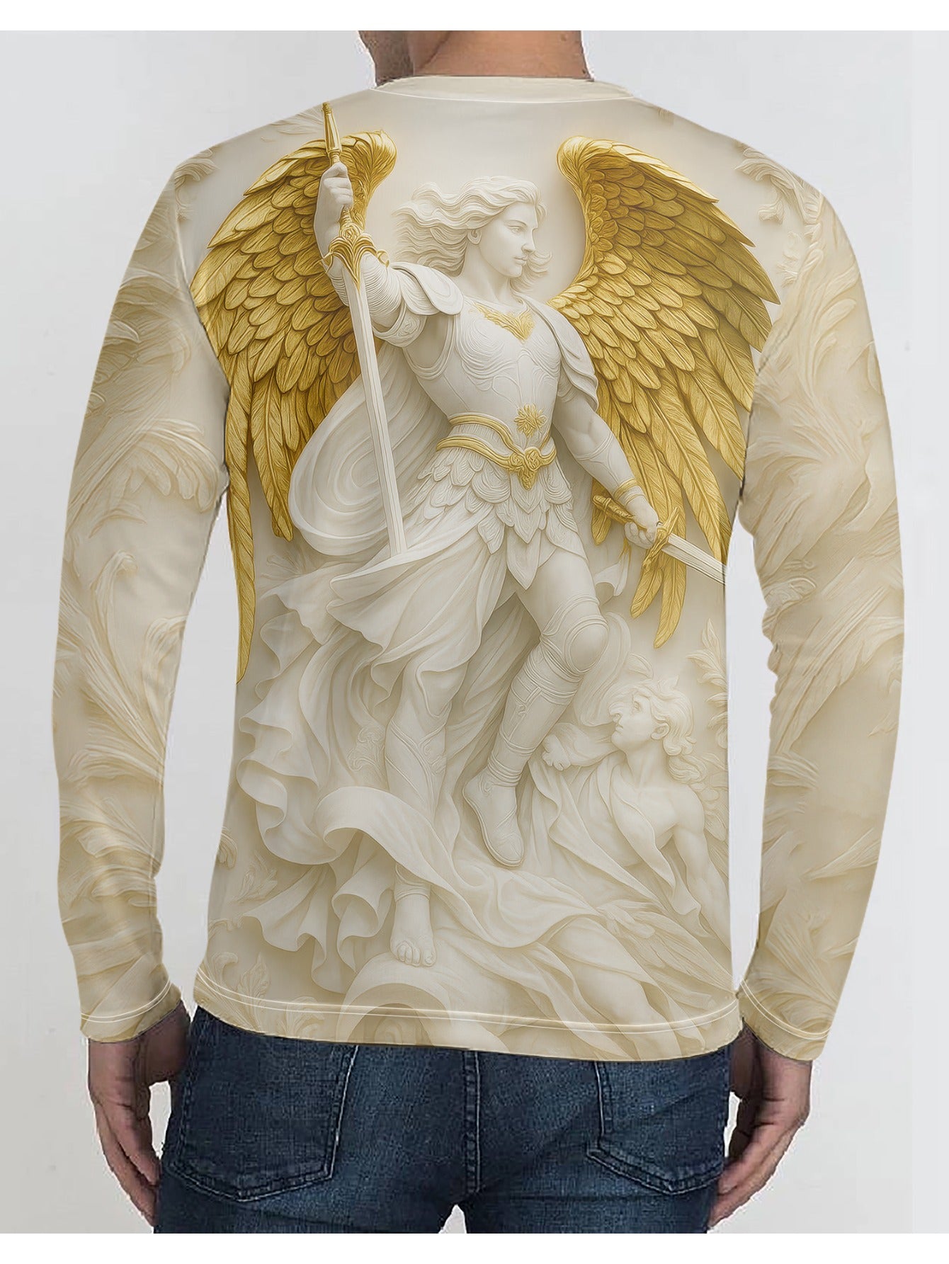 Men's 3D Angel/Warrior Angel Wings & Sword Print Long Sleeve T-Shirt - Beige & Golden Greek God Zeus-like Design, Breathable Casual Round Neck, 3D Layered Texture-like Look for Spring/Fall, 3D Digital Print (Not) - No