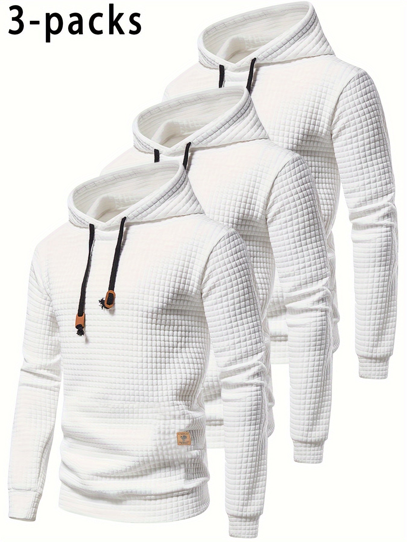 [Trending] 3pcs Men's Waffle-Knit Hoodies - Breathable, Moisture-Wicking & Quick-Dry for Running, Fitness & Casual Wear - Solid Color with Adjustable Drawstring