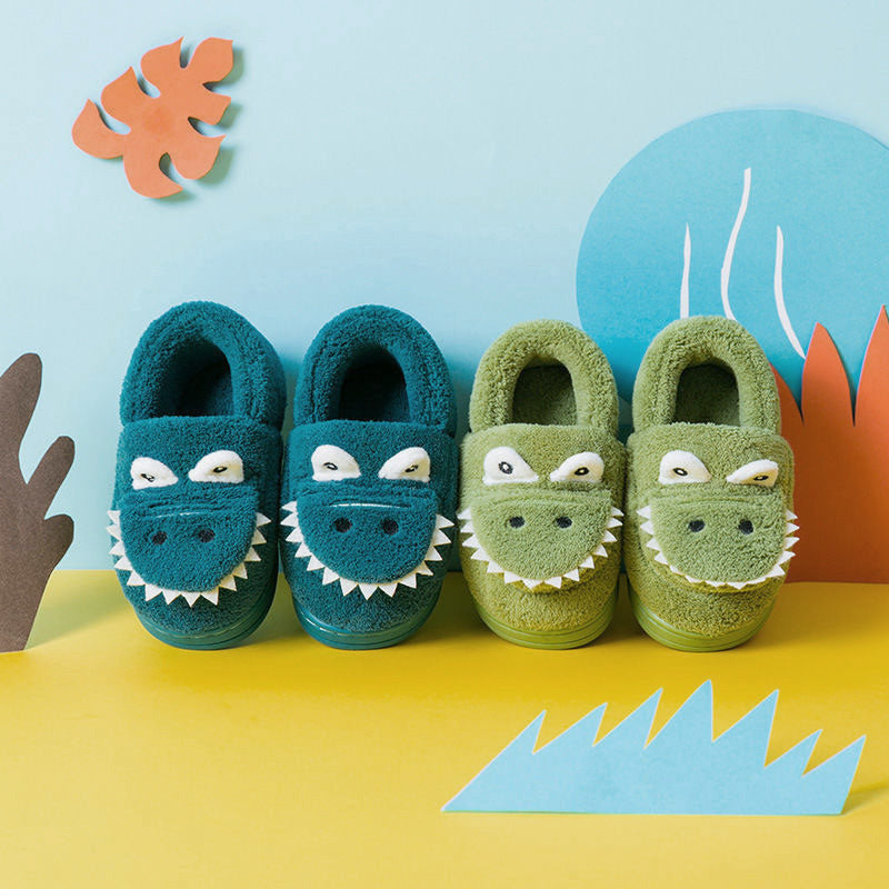 Boys' Dinosaur Slippers with Plush TPR Sole & Alligator/Crocodile Teeth - Warm Winter Indoor/Outdoor, Green & White Low-Top Easy Slip-On for, Cute Dino Footwear for Bedtime & Play