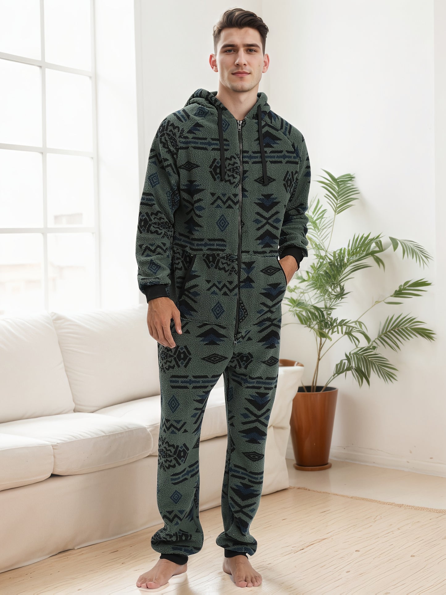 Men'S Heavy-Duty Full-Zip Hooded Onesie - Long Sleeve Winter Sleepwear, Thermal Insulated Lounge suit with Drawstring Hood, Loose Fit Onesie for Cold Weather, Christmas Costume & Everyday Indoor/Outdoor Use - Easy Zipper Clos