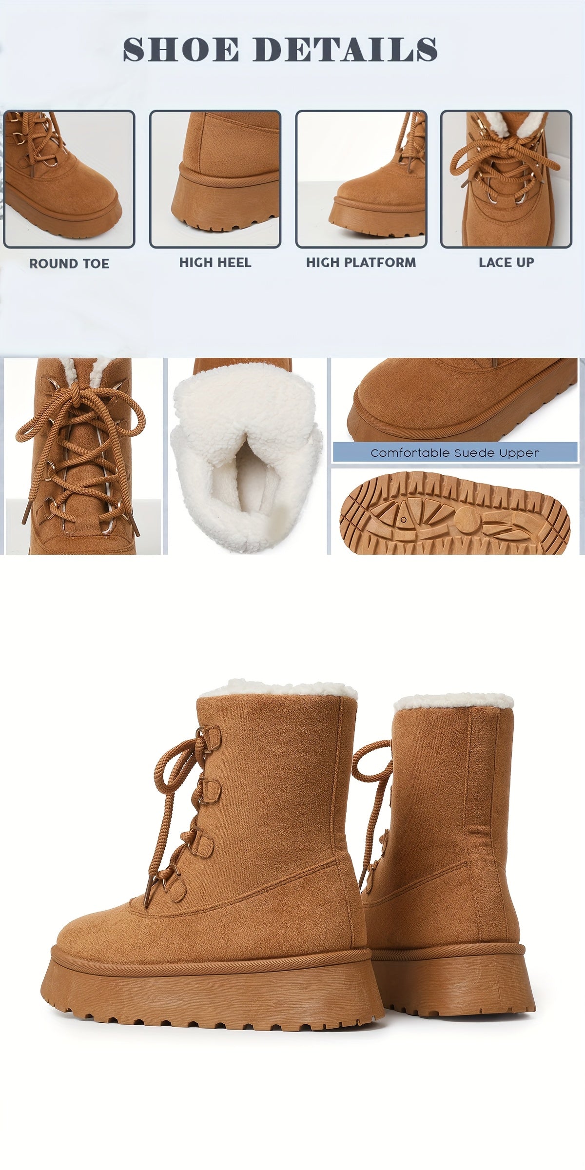 Snow Boots Platform Boots Winter Boots For Women Mid Calf Lace Up Women'S Boot Cozy Boots Fleece Lined Boots Trending Shoes For Womens Warm Faux Fur Shoes