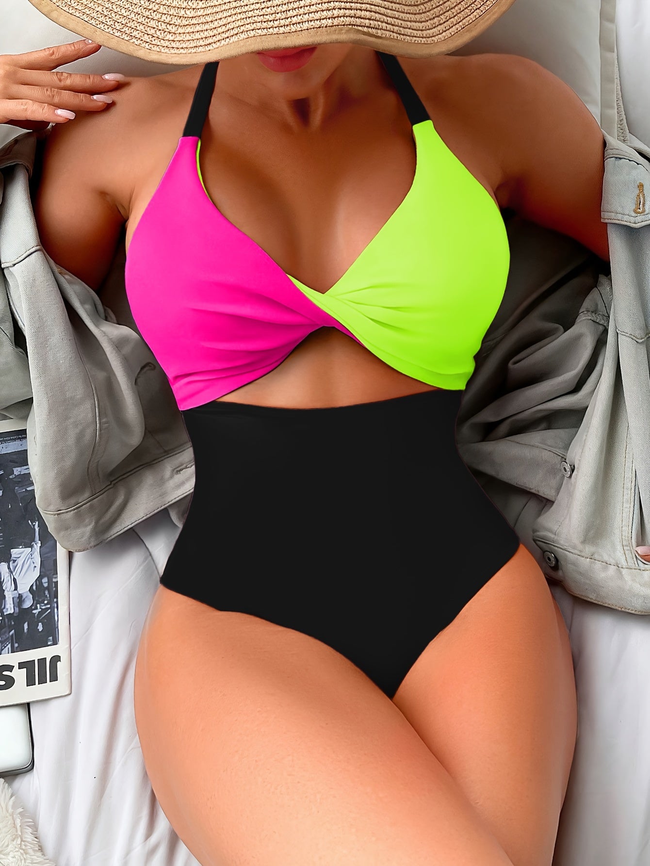 Color Block Twist Cut Out One-piece Swimsuit, Cross Back Stretchy Patchwork Bathing Suits, Women's Swimwear & Clothing