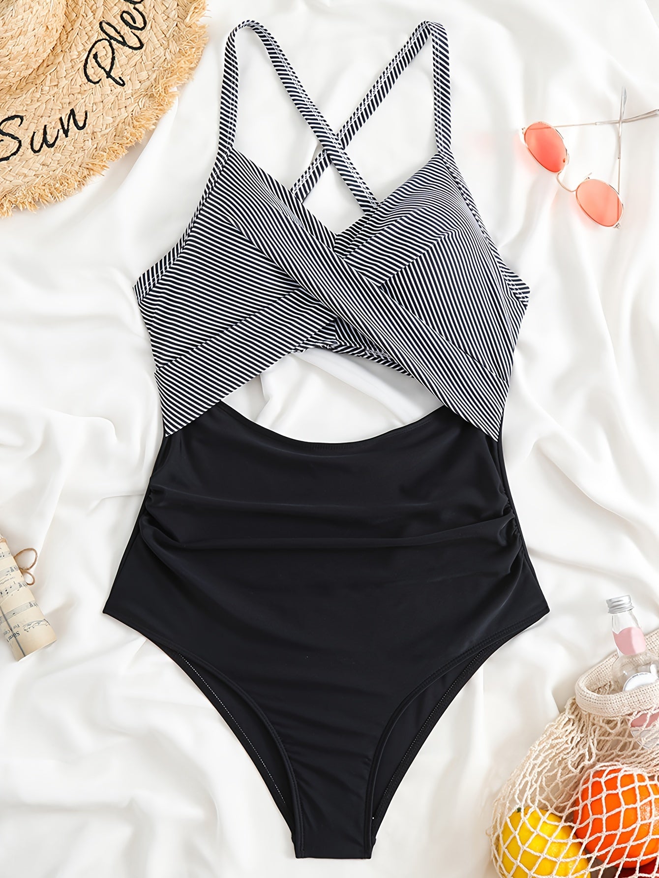 Striped Print Cut Out Twist One-piece Swimsuit, Criss Cross Tie Back Stretchy Bathing Suits, Women's Swimwear & Clothing