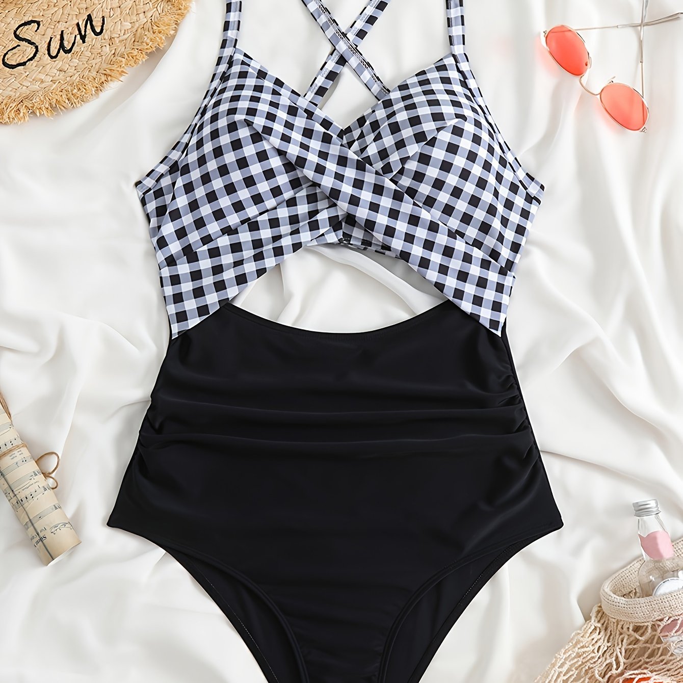 Striped Print Cut Out Twist One-piece Swimsuit, Criss Cross Tie Back Stretchy Bathing Suits, Women's Swimwear & Clothing