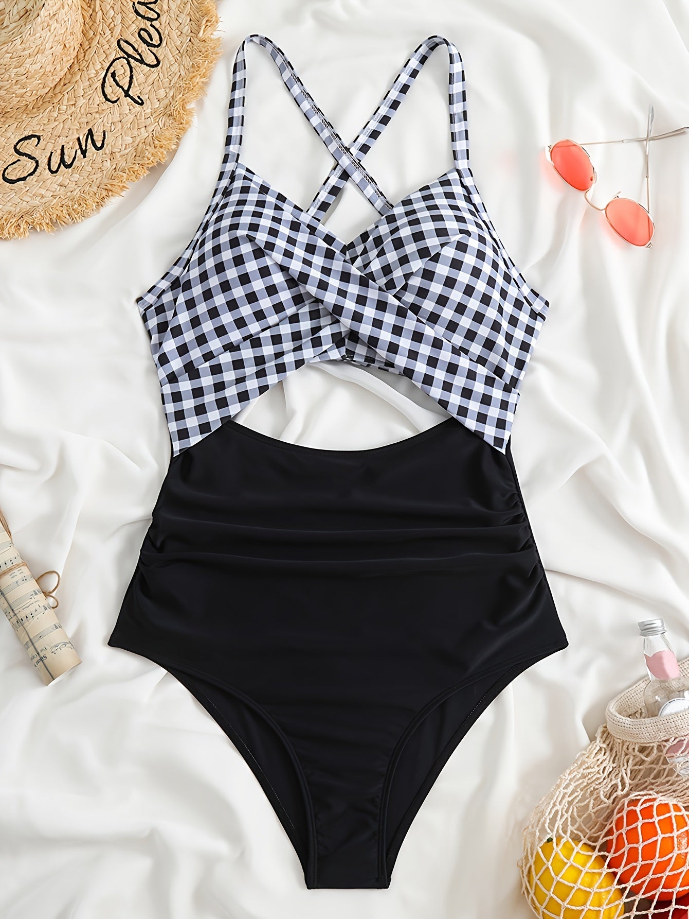 Striped Print Cut Out Twist One-piece Swimsuit, Criss Cross Tie Back Stretchy Bathing Suits, Women's Swimwear & Clothing