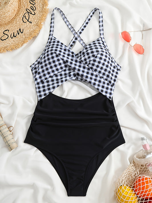 Striped Print Cut Out Twist One-piece Swimsuit, Criss Cross Tie Back Stretchy Bathing Suits, Women's Swimwear & Clothing