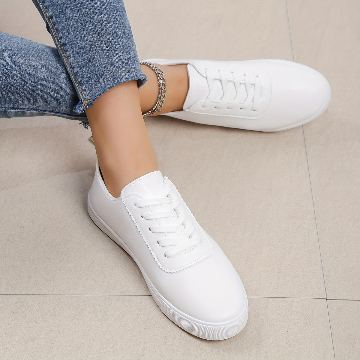 Women's Minimalist Low Top Sneakers, Solid Color Round Toe Lace Up Faux Leather Shoes, Casual Walking Sneakers