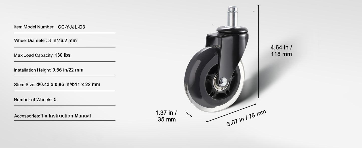SucceBuy 2/3 inch Set of 5 Office Chair Wheels Replacement Computer Gaming Desk Universal Caster for Hardwood Floors and Carpet