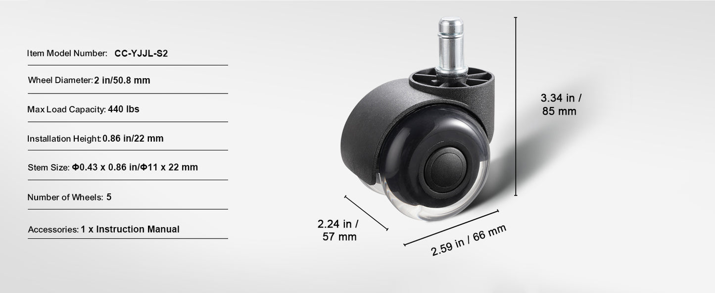 SucceBuy 2/3 inch Set of 5 Office Chair Wheels Replacement Computer Gaming Desk Universal Caster for Hardwood Floors and Carpet