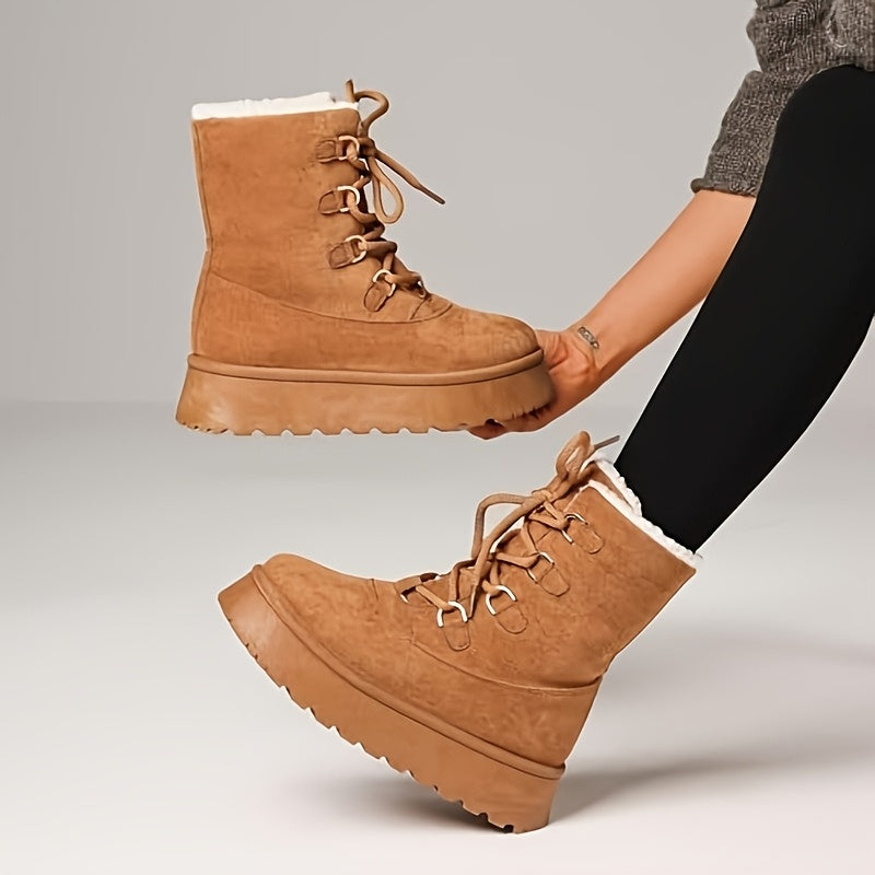 Snow Boots Platform Boots Winter Boots For Women Mid Calf Lace Up Women'S Boot Cozy Boots Fleece Lined Boots Trending Shoes For Womens Warm Faux Fur Shoes