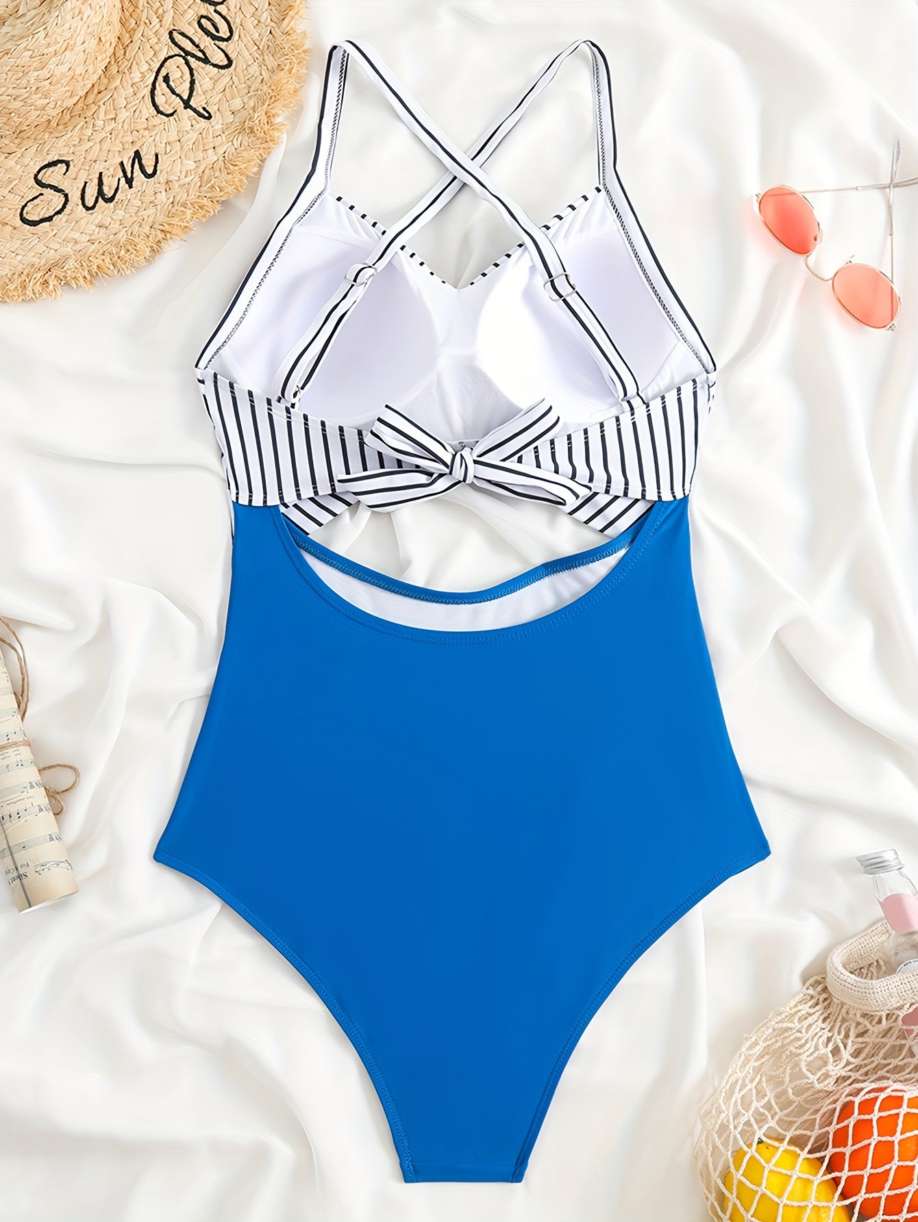 Striped Print Cut Out Twist One-piece Swimsuit, Criss Cross Tie Back Stretchy Bathing Suits, Women's Swimwear & Clothing