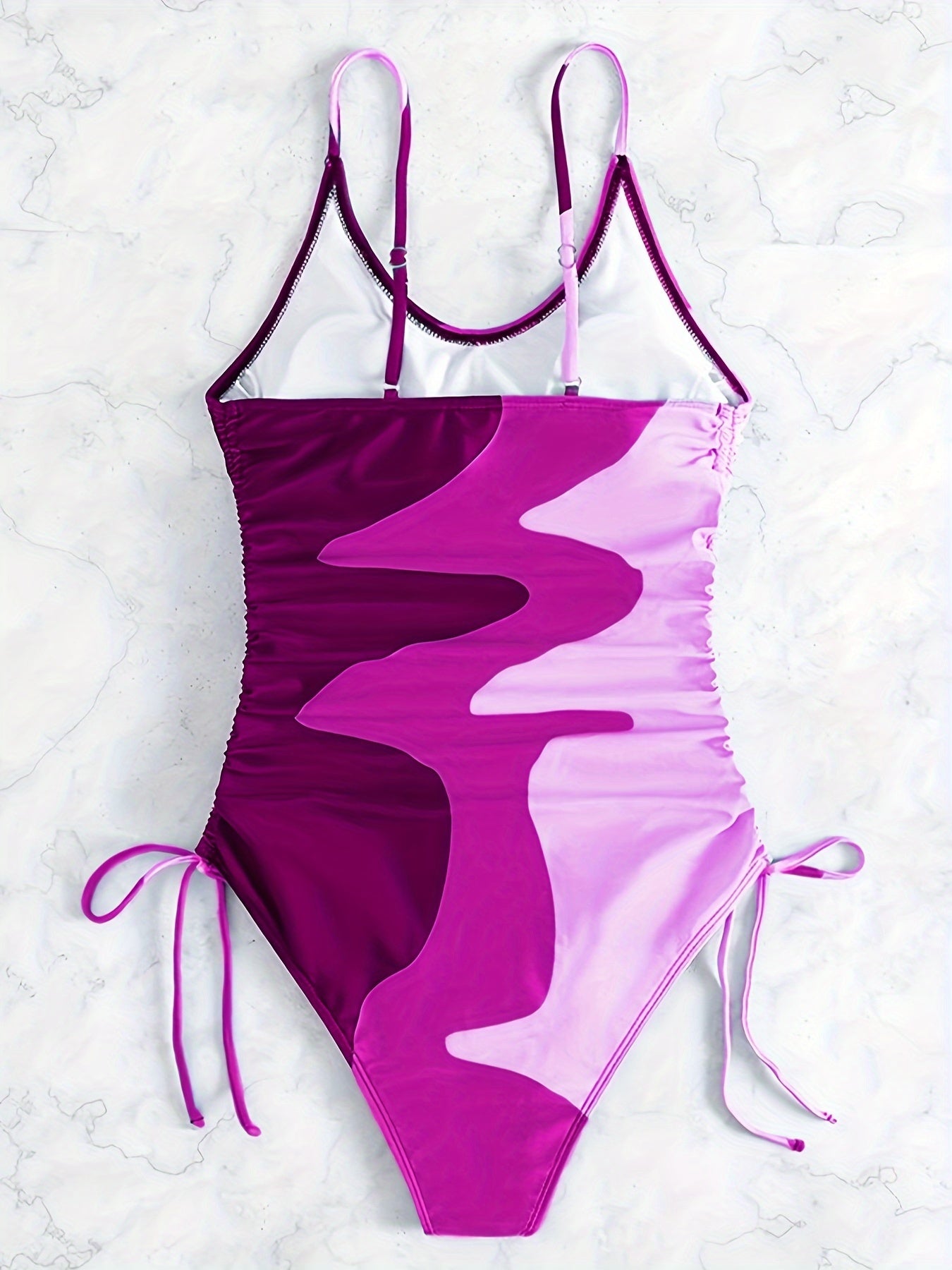 Blue Color Block Drawstring One-piece Swimsuit, Spaghetti Strap High Stretch Bathing Suits, Women's Swimwear & Clothing