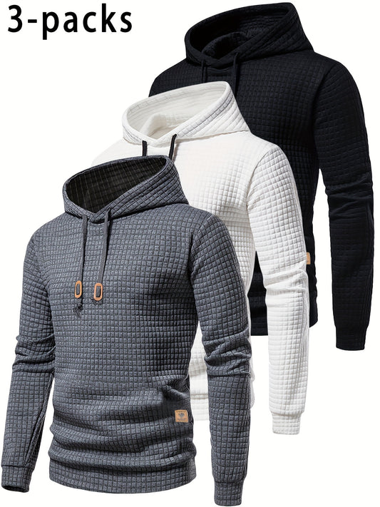 [Trending] 3pcs Men's Waffle-Knit Hoodies - Breathable, Moisture-Wicking & Quick-Dry for Running, Fitness & Casual Wear - Solid Color with Adjustable Drawstring