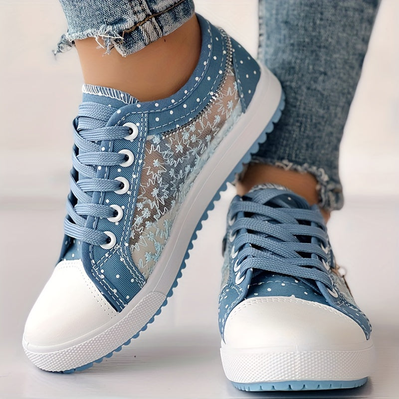 Women's Floral Mesh & Cover Casual Sneakers - Breathable Low-Top Lace-Up Round-Toe Spring Shoes with Sole for Casual Attire, Ladies Sneakers, Comfortable Footwear, Durable Traction Footwear ChicMe