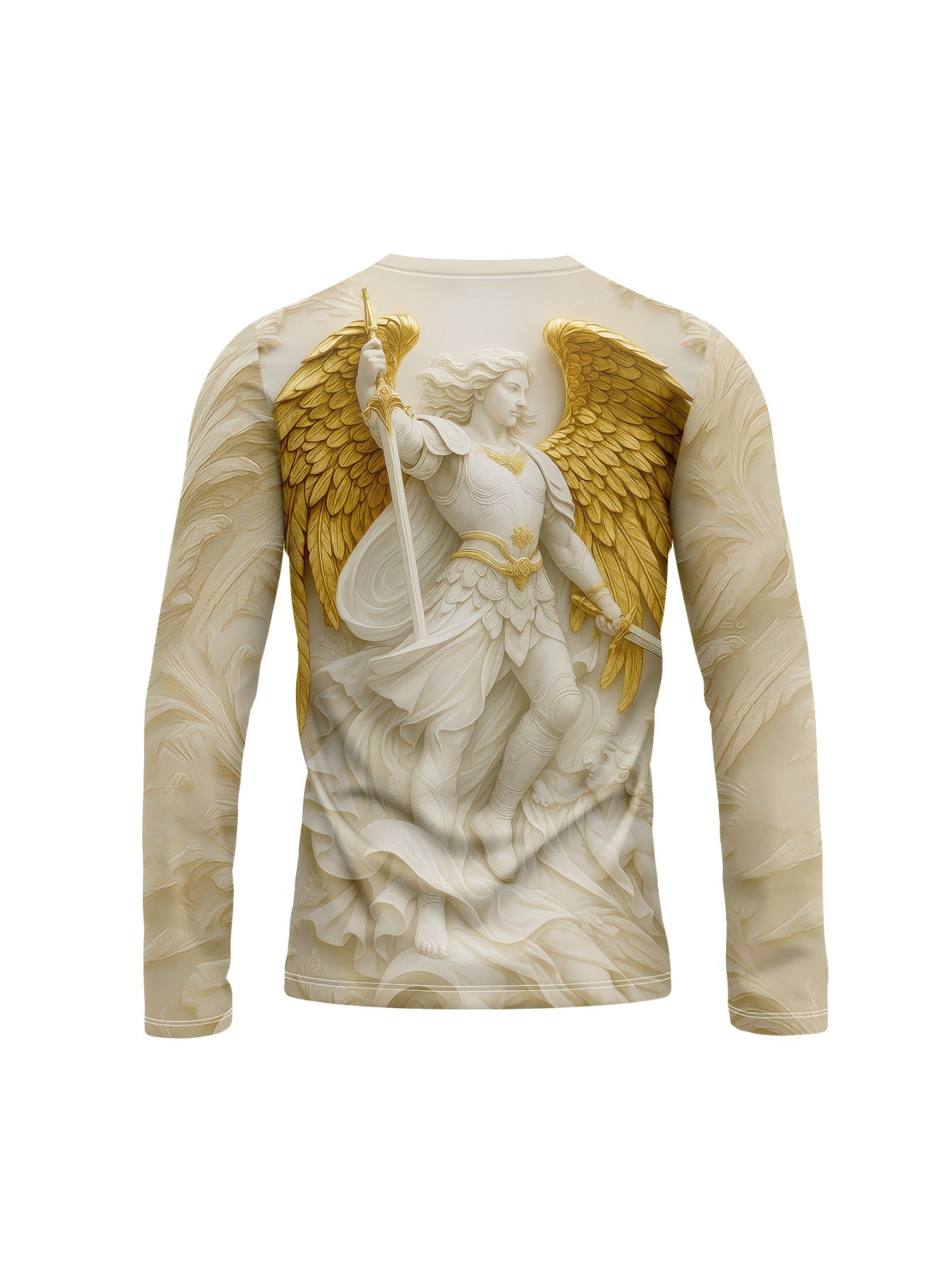 Men's 3D Angel/Warrior Angel Wings & Sword Print Long Sleeve T-Shirt - Beige & Golden Greek God Zeus-like Design, Breathable Casual Round Neck, 3D Layered Texture-like Look for Spring/Fall, 3D Digital Print (Not) - No