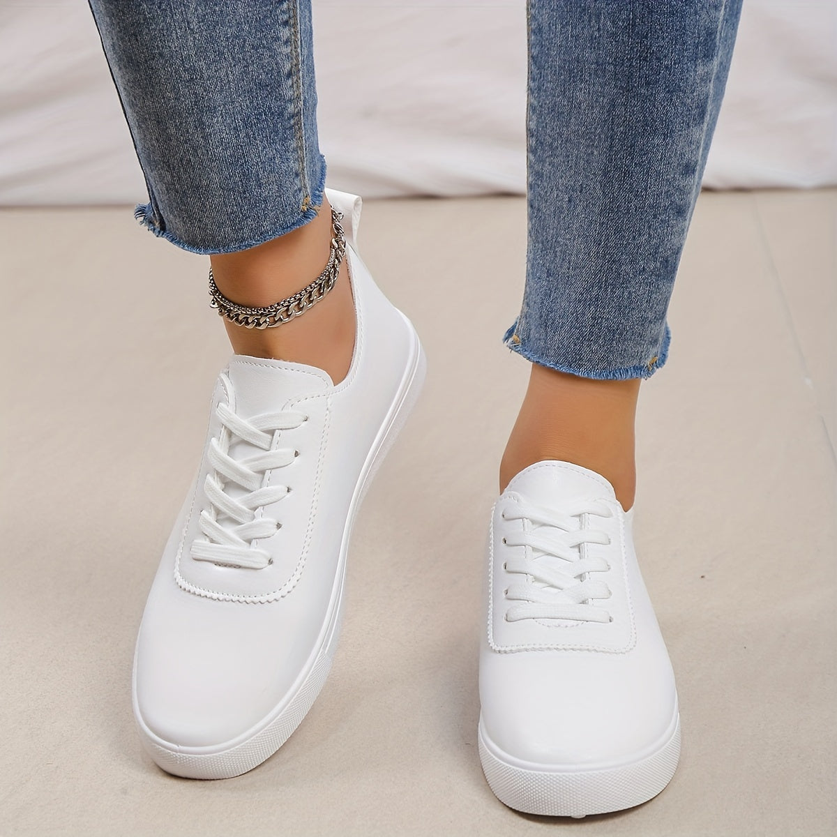 Women's Minimalist Low Top Sneakers, Solid Color Round Toe Lace Up Faux Leather Shoes, Casual Walking Sneakers