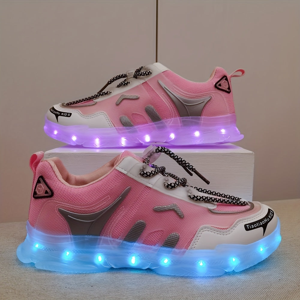 GUANGLAN Kids Light-Up Sneakers - Breathable Mesh Sneakers with LED Lights, Orange & White, Lace-Up Closure, Lightweight & Durable for Boys & Girls, Spring/Summer Casual Shoes, Shoes for Girls, Vibrant Youngsters Footwear, St