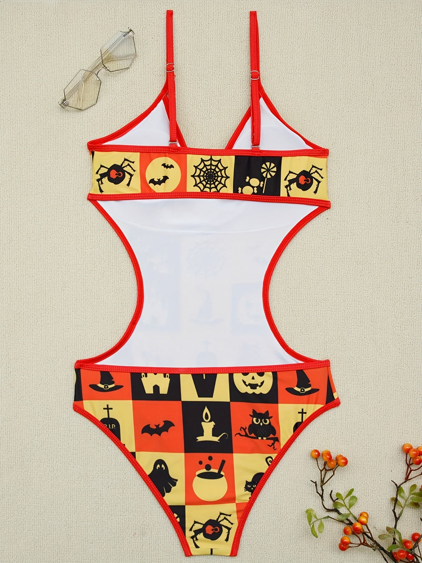 Halloween Cute Cartoon Print Cut Out One-piece Swimsuit, Cat Skull Owl Bat Spider Web Pattern Spaghetti Strap V Neck Stretchy Bathing Suits, Women's Swimwear & Clothing