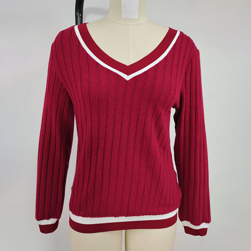 Women's Casual V-Neck Color-Block Top, Long Sleeve Comfortable Blouse For Everyday Autumn And Winter Wear