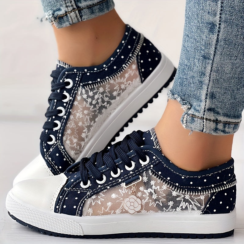 Women's Floral Mesh & Cover Casual Sneakers - Breathable Low-Top Lace-Up Round-Toe Spring Shoes with Sole for Casual Attire, Ladies Sneakers, Comfortable Footwear, Durable Traction Footwear ChicMe