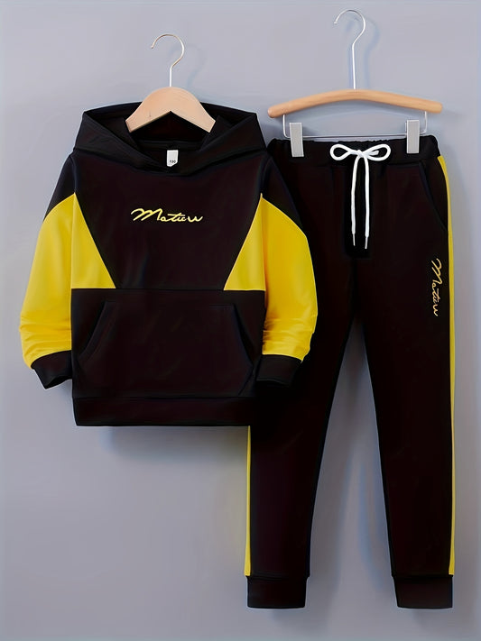 Boys' Stylish Color Block "MASTOR" Hoodie & Jogger Set - Cozy Polyester, Drawstring, Fall/Winter Casual Outfit, Jogging Suits, Perfect for Outdoor