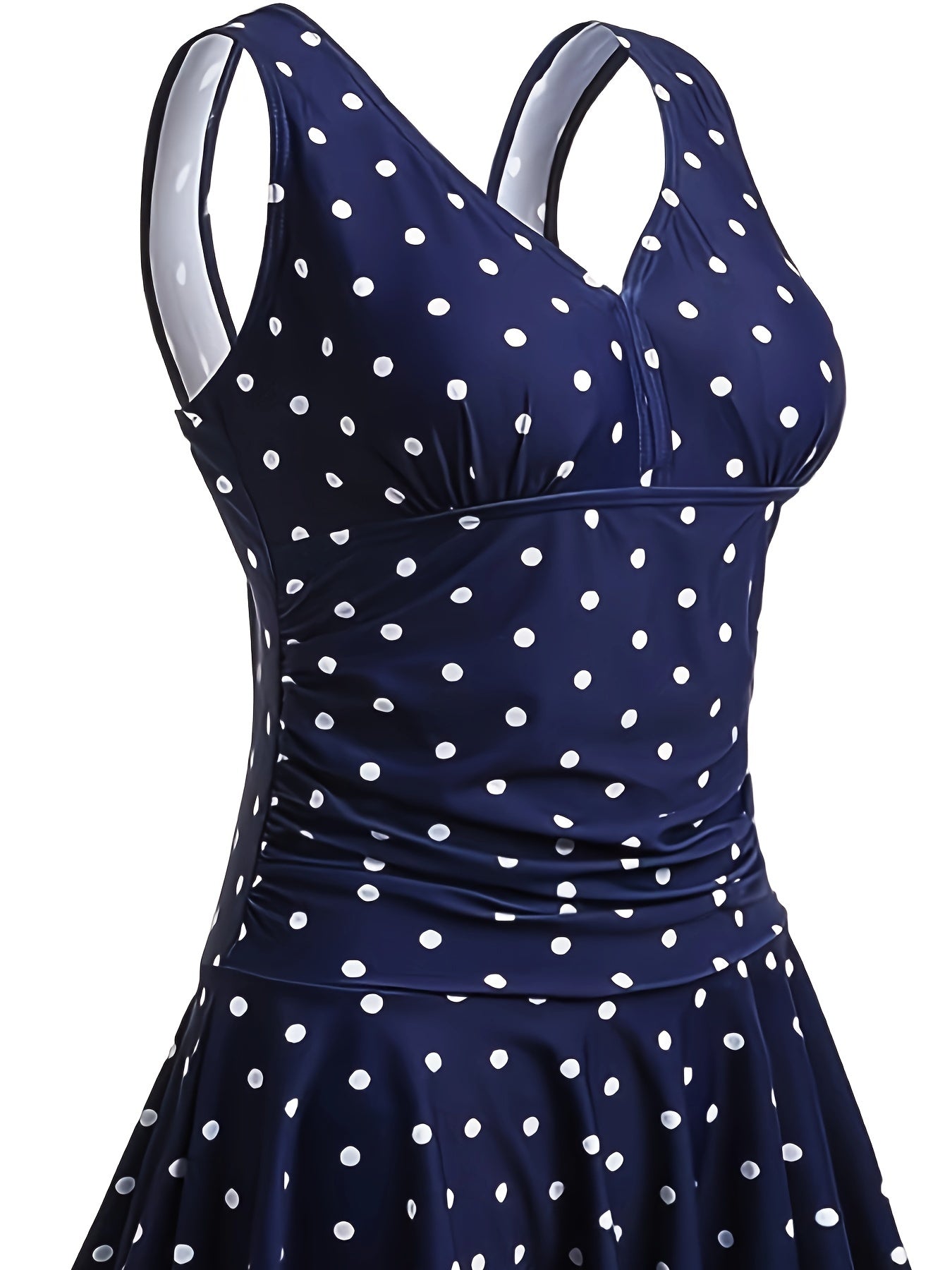 High Stretch Retro Polka Dots Print One-piece Swimsuit, V Neck Ruched Tummy Control Swim Dress Bathing Suits for Women
