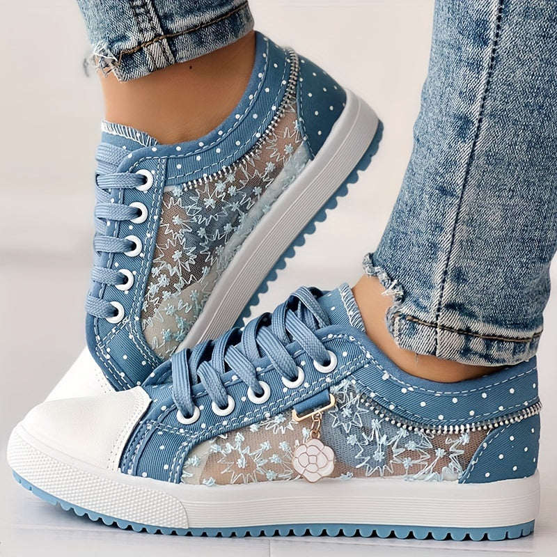 Women's Floral Mesh & Cover Casual Sneakers - Breathable Low-Top Lace-Up Round-Toe Spring Shoes with Sole for Casual Attire, Ladies Sneakers, Comfortable Footwear, Durable Traction Footwear ChicMe