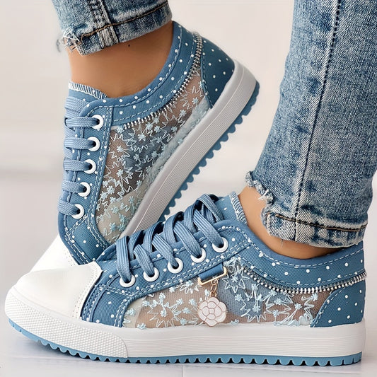 Women's Floral Mesh & Cover Casual Sneakers - Breathable Low-Top Lace-Up Round-Toe Spring Shoes with Sole for Casual Attire, Ladies Sneakers, Comfortable Footwear, Durable Traction Footwear ChicMe