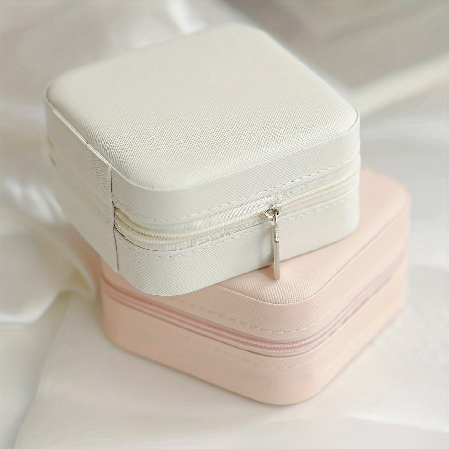 ZFOCEAN Portable Jewelry Organizer Box with Zipper Closure - Compact Travel Case, Soft Interior Lining, Elegant Beige/White/Black - for Rings, Earrings, Necklaces, Bracelets - Perfect Gift for Women, Birthday, Christmas, Vale