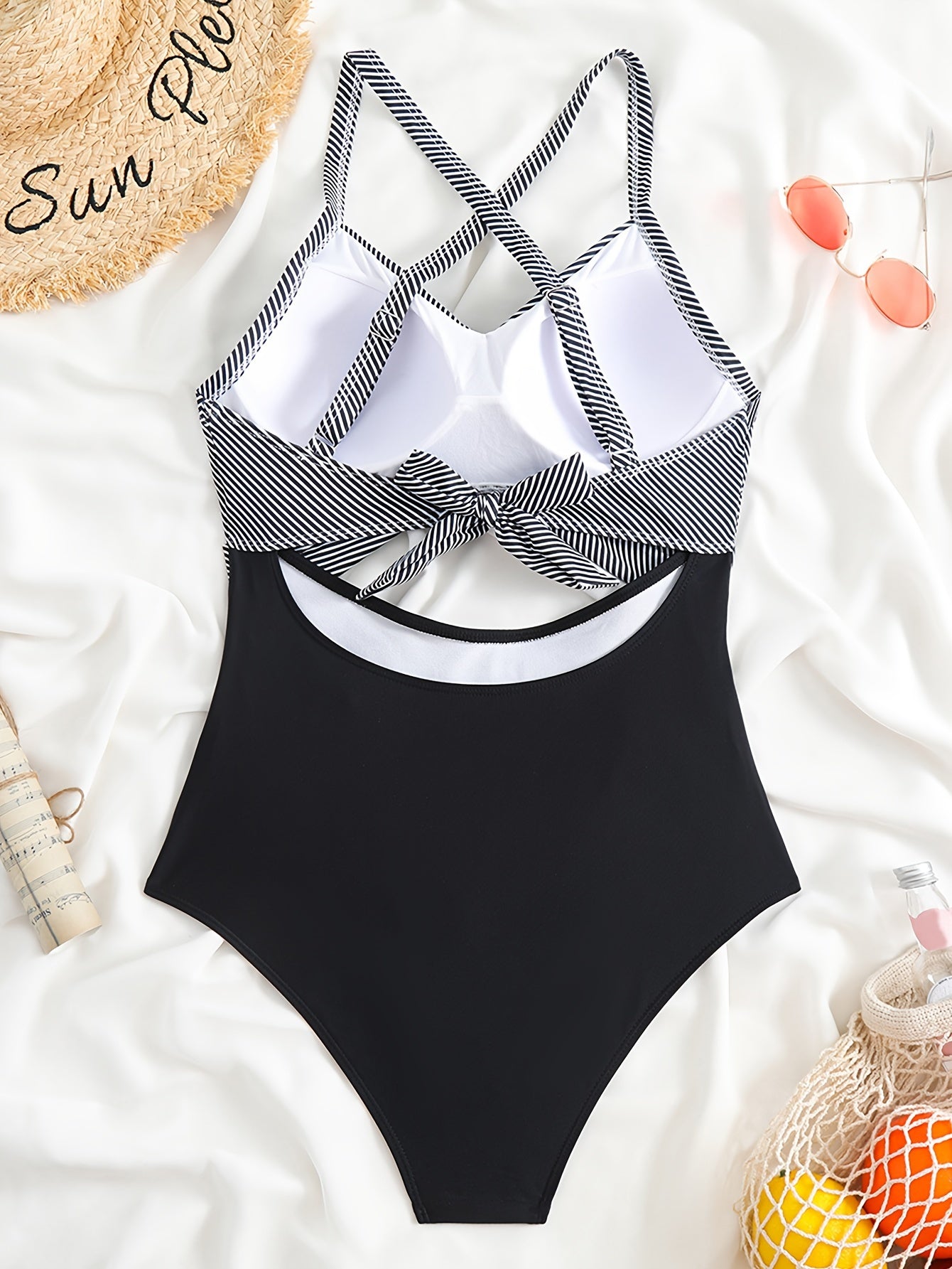 Striped Print Cut Out Twist One-piece Swimsuit, Criss Cross Tie Back Stretchy Bathing Suits, Women's Swimwear & Clothing