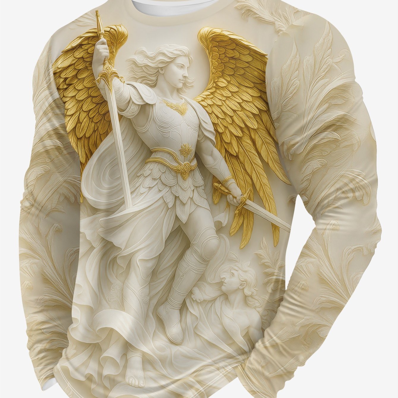 Men's 3D Angel/Warrior Angel Wings & Sword Print Long Sleeve T-Shirt - Beige & Golden Greek God Zeus-like Design, Breathable Casual Round Neck, 3D Layered Texture-like Look for Spring/Fall, 3D Digital Print (Not) - No