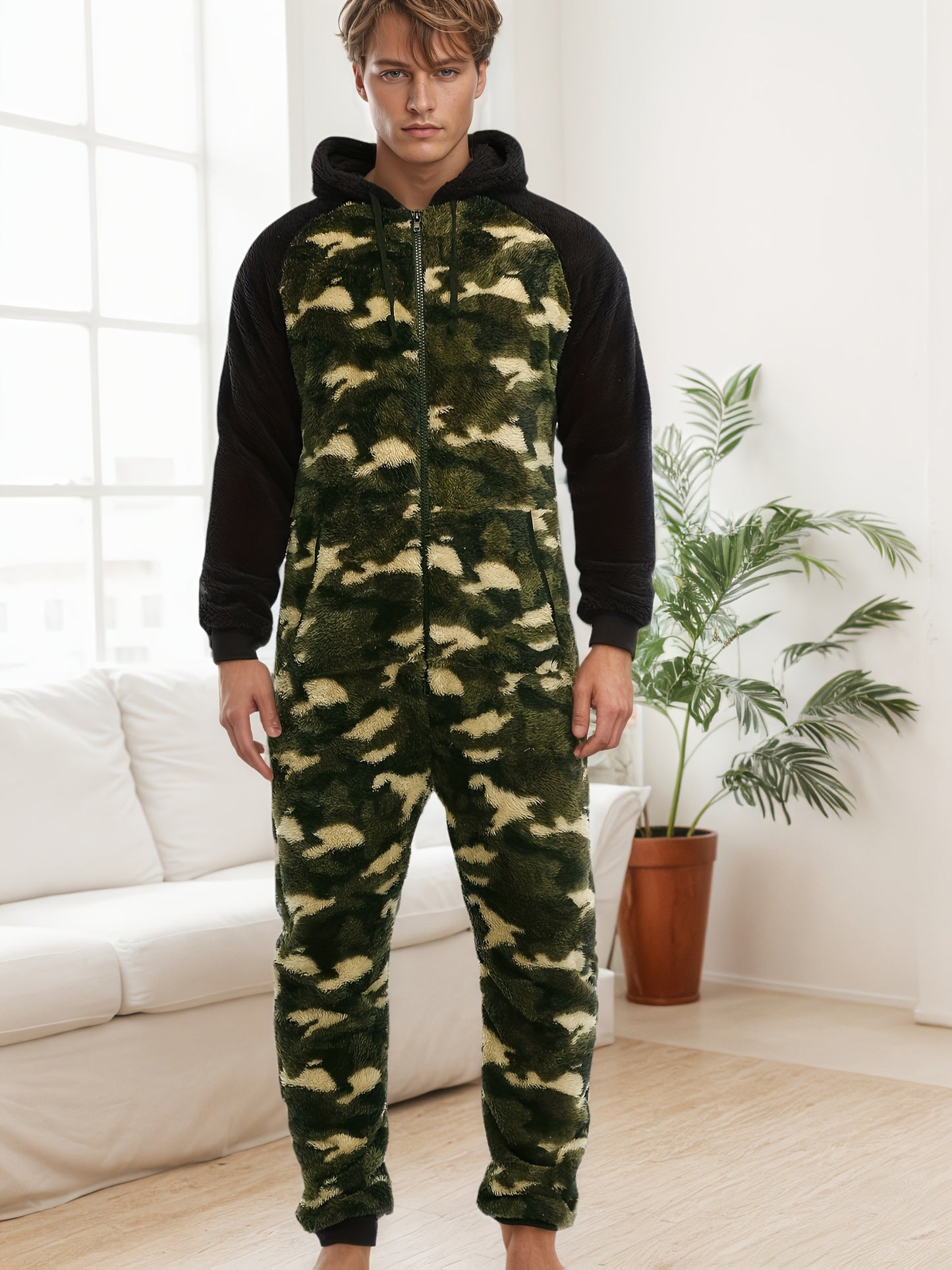 Men'S Heavy-Duty Full-Zip Hooded Onesie - Long Sleeve Winter Sleepwear, Thermal Insulated Lounge suit with Drawstring Hood, Loose Fit Onesie for Cold Weather, Christmas Costume & Everyday Indoor/Outdoor Use - Easy Zipper Clos